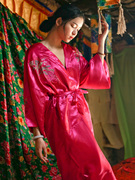 玫红色鹤袍~中国风刺绣花中长款睡袍开衫居家服睡衣
