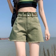 韩版美式复古军绿色牛仔，短裤女夏小个子，毛边高腰a字阔腿辣妹热裤