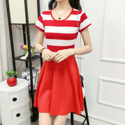 夏装韩版气质收腰条纹连衣裙，红色短袖女装中长款显瘦裙子