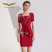 创意狐晚礼服主持人红色小礼裙修身气质a字裙日常可穿拼接连衣裙