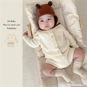 韩版秋冬婴幼儿针织开衫上衣+大PP面包裤男女宝宝毛线2件套装