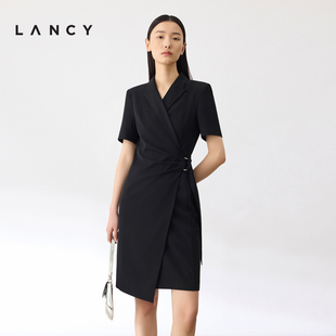 LANCY/朗姿2024夏季黑色设计感西装连衣裙女显瘦通勤短袖裙子
