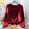 红色方领毛衣外套女宽松外穿2021冬季韩版软糯短款针织衫开衫