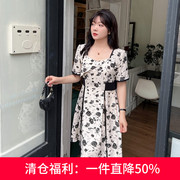 显瘦大码胖MM连衣裙2023新款女装夏季收腰A字气质雪纺碎花裙茶歇