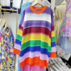 欧洲站中长款针织T恤女2020夏季彩虹色撞色圆领镂空设计长袖