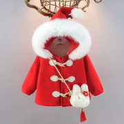 圣诞节女童外套冬季洋气儿童加绒新年衣服红色上衣女宝宝呢子大衣