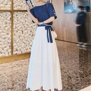 拼接连衣裙女假两件长裙蓝白色时尚小清新2021年夏季网红仙女