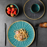 日式寿司盘窑变陶瓷西餐盘 复古金边沙拉碗圆盘 家用墨绿餐具套装