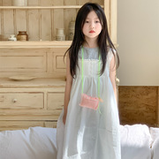 韩版女童背心裙2024夏季白色，棉布连衣裙棉质打底t恤两件套装
