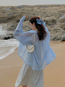 蓝色透明防晒衣女夏季2021年韩版宽松微透长袖上衣服薄款外搭