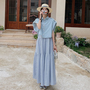 蓝色条纹背心无袖连衣裙子女夏季茶歇法式绝美长裙小个子海边度假