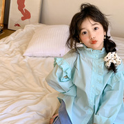 春季女童浅蓝色木耳花边衬衫韩国童装洋气女孩长袖衬衣娃娃衫