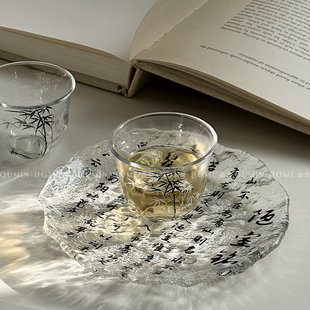 趣皿*新中式水墨竹，个人小茶杯陋室铭冰川碟子，家用玻璃杯碟品茗杯