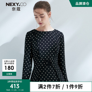 nexy.co奈蔻2021年黑色，波点衬衫女长袖，圆领修身职业衬衣上衣