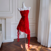 衣阁里拉夏季法式红色吊带礼服，裙不规则下摆日常连衣裙68046