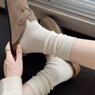 秋冬款棉质短袜竖条纹甜美米，白色小腿袜咖啡色堆堆袜灰色中筒袜子