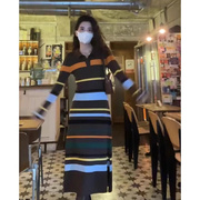 xzoxzo秋冬韩系撞色条纹针织连衣裙，女高级感气质收腰打底长裙
