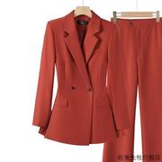 橘红南瓜色春秋高级感气质女神范职业西服装外套直筒西裤两件套装