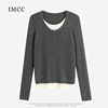 imcc设计感小众洋气个性假两件套头针织衫女纽扣修身长袖打底衫