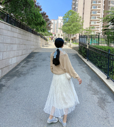 半身网纱裙秋季2021米白色，垂感显瘦波点森系气质，甜美仙女裙长