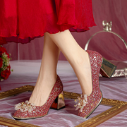 红色闪闪水晶高跟鞋，婚鞋新娘鞋女粗跟2024中式敬酒服秀禾婚鞋
