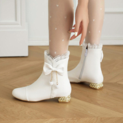 女童靴子2023秋冬季加绒短靴，小女孩公主白色，皮靴儿童高跟马丁靴