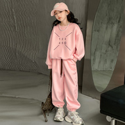 潮流穿搭女童春装套装儿童炸街黑粉红米色休闲运动两件套宽松