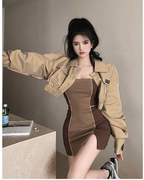 一吻定情韩国女装iampretty正版春秋美腿女士超短款米色外套