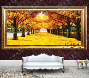 纯手绘油画黄金大道美画发财树，欧式风景画客厅，玄关走廊装饰画