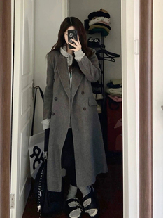 长款灰色毛呢外套女冬装，英伦赫本风高级感小个子，西装呢子大衣