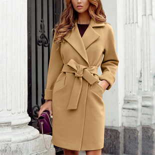 winterwoolencoat欧美秋冬女气质，收腰系带长袖，毛呢大衣呢子外套