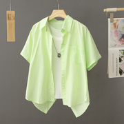 夏季小个子短款衬衫女外套2024绿色宽松洋气上衣短袖衬衣开衫