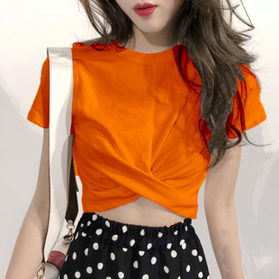 橙色圆领短款t恤女短袖夏季纯棉高腰露脐网红辣妹紧身爵士舞上衣