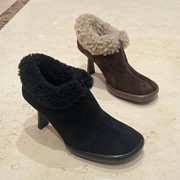冬女鞋圆头细跟磨砂真皮羊毛，口加绒毛毛鞋保暖高跟棉瓢鞋短靴