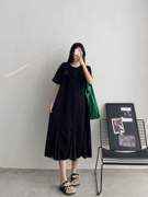 大码女装2024夏季黑色连衣裙时尚，设计感拼接显瘦遮肉胖mm长裙