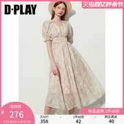 DPLAY春季法式海边度假连衣裙仙女裙印花裙V领泡泡袖连衣裙女