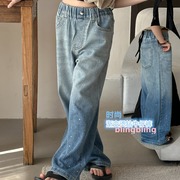 女童blingbling重工烫钻直筒柔软牛仔裤，2024夏中大(夏中大)童微弹薄长裤