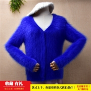秋冬短款时尚甜美v领宝蓝色，长毛水貂绒修身显瘦开衫外套，毛衣女(毛衣女)f37