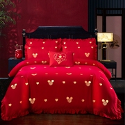 大红色婚庆结婚四件套床上用品15m18米床单床裙床罩被套龙凤