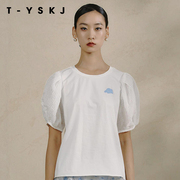 TYSKJ2023年台绣夏季女士t恤原领针织上衣短袖宽松泡泡袖套头