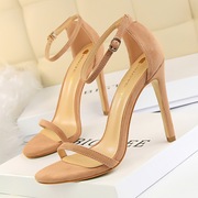 126-9欧美风时尚性感女凉鞋细跟超高跟绒面露趾一字带夏季高跟鞋