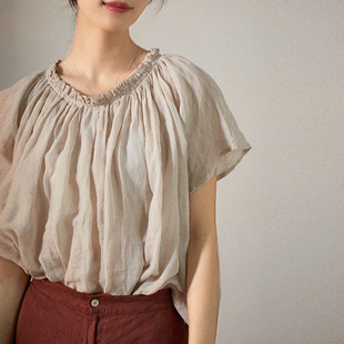 文艺褶皱苎麻短袖T恤女日系宽松衬衫夏季套头甜美设计感棉麻上衣