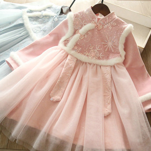 童装2024新年拜年服冬女童长袖公主裙亮片浅蓝色粉红色儿童连衣裙