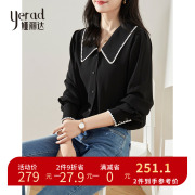 娅丽达复古黑色衬衫女宫廷风，上衣2022秋季翻领撞色白色雪纺衫