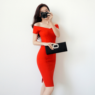 连衣裙2024夏一字领性感简单大方修身显瘦包臀裙场合礼服红色