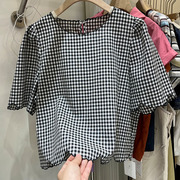 韩系花边格子圆领短袖衬衫女2024夏季设计感百搭复古上衣小衫