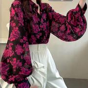 法式印花长袖衬衫女春秋季设计感宽松灯笼袖衬衣气质减龄雪纺上衣