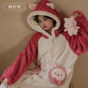 可爱猪猪珊瑚绒睡袍女秋冬加厚加绒长款睡衣两件套装保暖家居服
