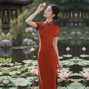 红色新中式改良旗袍，2024年春夏短袖女装复古民国风日常连衣裙