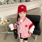 草莓熊女童(熊女童)棒球，服外套春秋款2024洋气，时髦女宝宝卫衣儿童春装